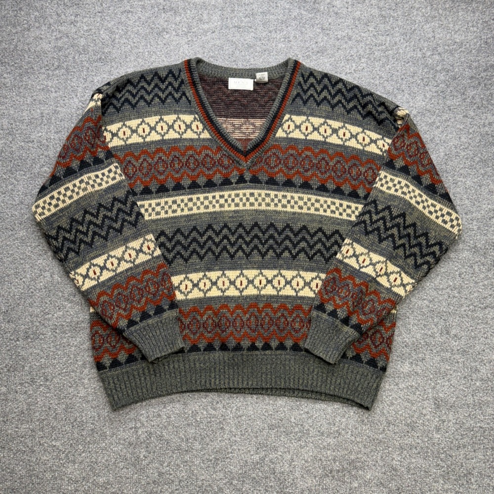 Vintage Sears Mens XL V-Neck Sweater Geometric Fair Isle Knit Grey Rust Orange